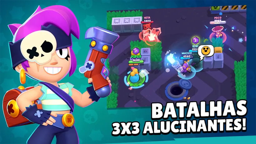 Arte do Brawl Stars com a frase batalhas 3x3 alucinantes e um mapa de arena visto de cima