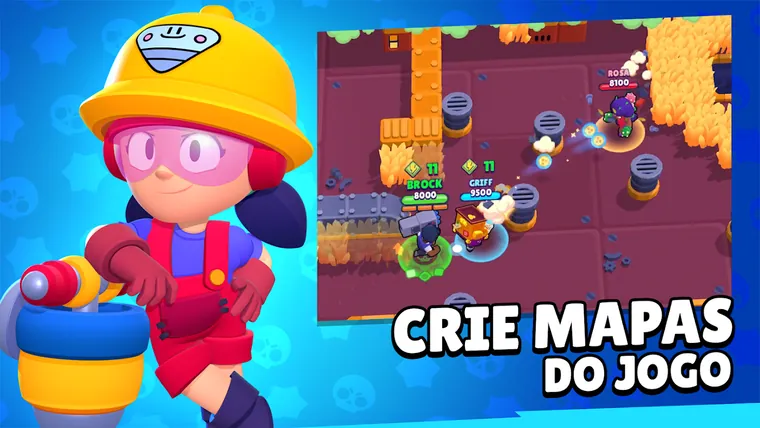 Imagem do Brawl Stars com a frase crie mapas do jogo e uma personagem de capacete amarelo ao lado de um editor de níveis