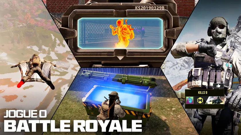 Colagem promocional do Call of Duty: Mobile com a frase jogue o battle royale, um paraquedas e um soldado de fato branco