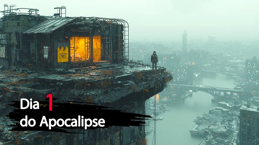Ilustração Dia 1 do Apocalipse do Dark War Survival: uma casa pequena na beira de uma falésia sobre uma cidade em nevoeiro