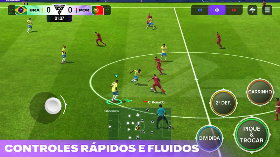Partida Brasil contra Portugal no EA SPORTS FC Mobile, com os botões Carrinho, 2.º Def., Dividida e Pique e Trocar à direita