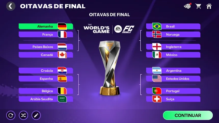 Quadro de oitavas de final do torneio do EA SPORTS FC Mobile com Portugal contra a Suíça e Brasil contra a Noruega