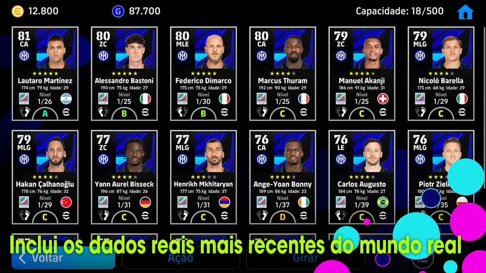 Plantel do eFootball com capacidade 18 de 500 e cartas de futebolistas do Inter, entre eles Lautaro Martínez e Nicolò Barella