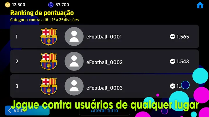 Ranking do eFootball na categoria contra a IA, com três equipas genéricas e 1.565 pontos no primeiro lugar
