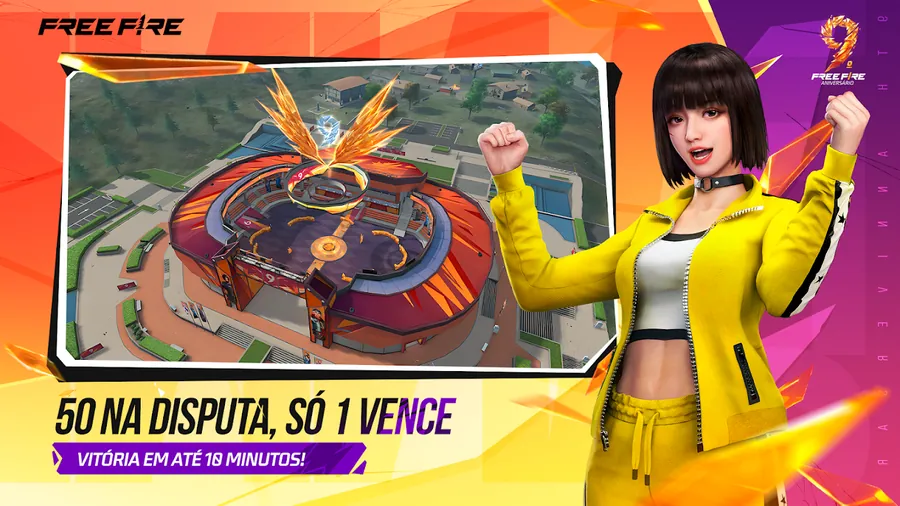Imagem promocional do Free Fire com a frase 50 na disputa, só 1 vence e a indicação vitória em até 18 minutos