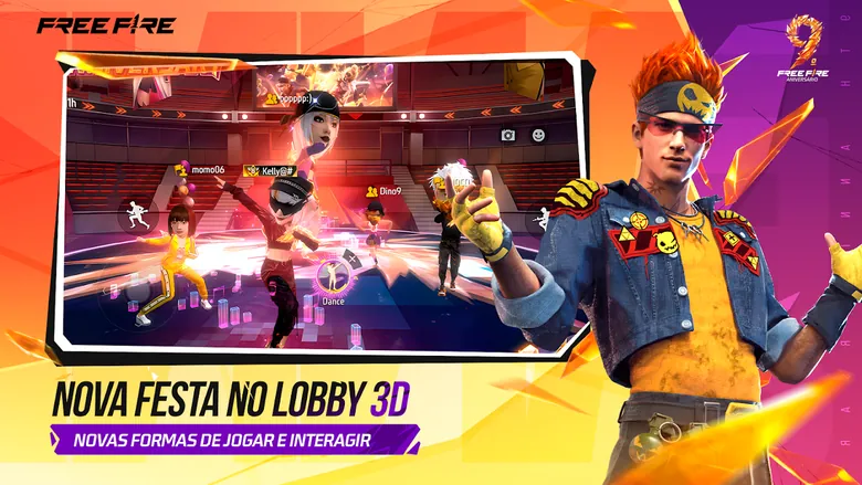 Lobby 3D do Free Fire com várias personagens a dançar num palco iluminado