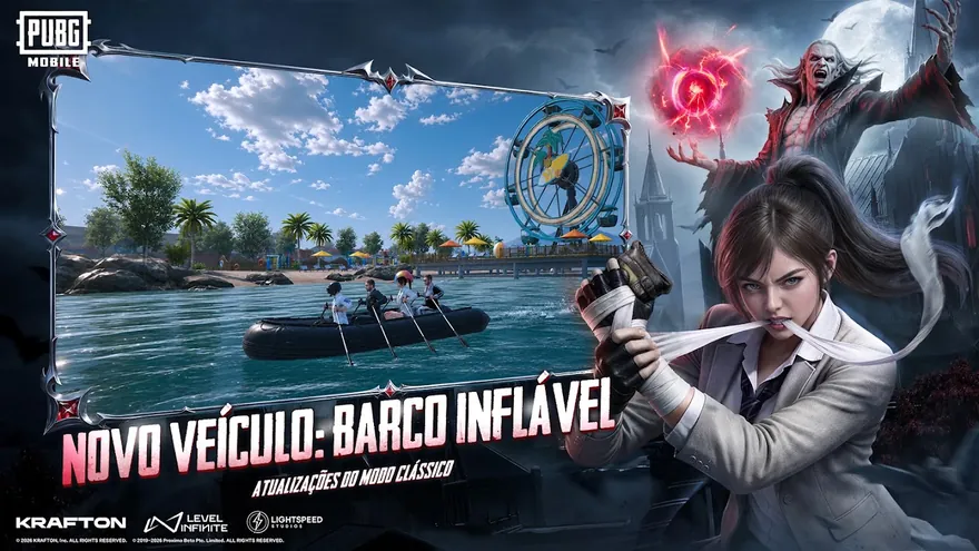 Imagem da versão 4.6 do PUBG MOBILE a anunciar um barco insuflável como veículo novo no modo Clássico