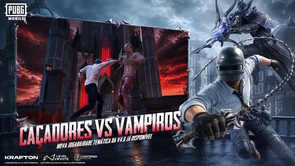 Imagem Caçadores vs Vampiros do PUBG MOBILE, com um jogador de capacete a lutar numa ponte