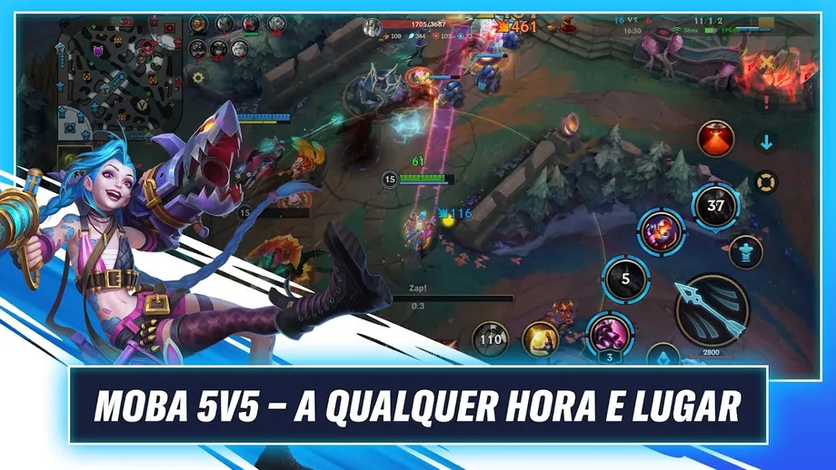 Combate numa rota do Wild Rift com botões de habilidade à direita e a frase MOBA 5v5 a qualquer hora e lugar