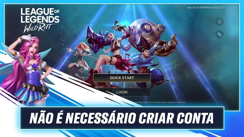 Ecrã inicial do Wild Rift com os botões Quick Start e Login e a frase não é necessário criar conta